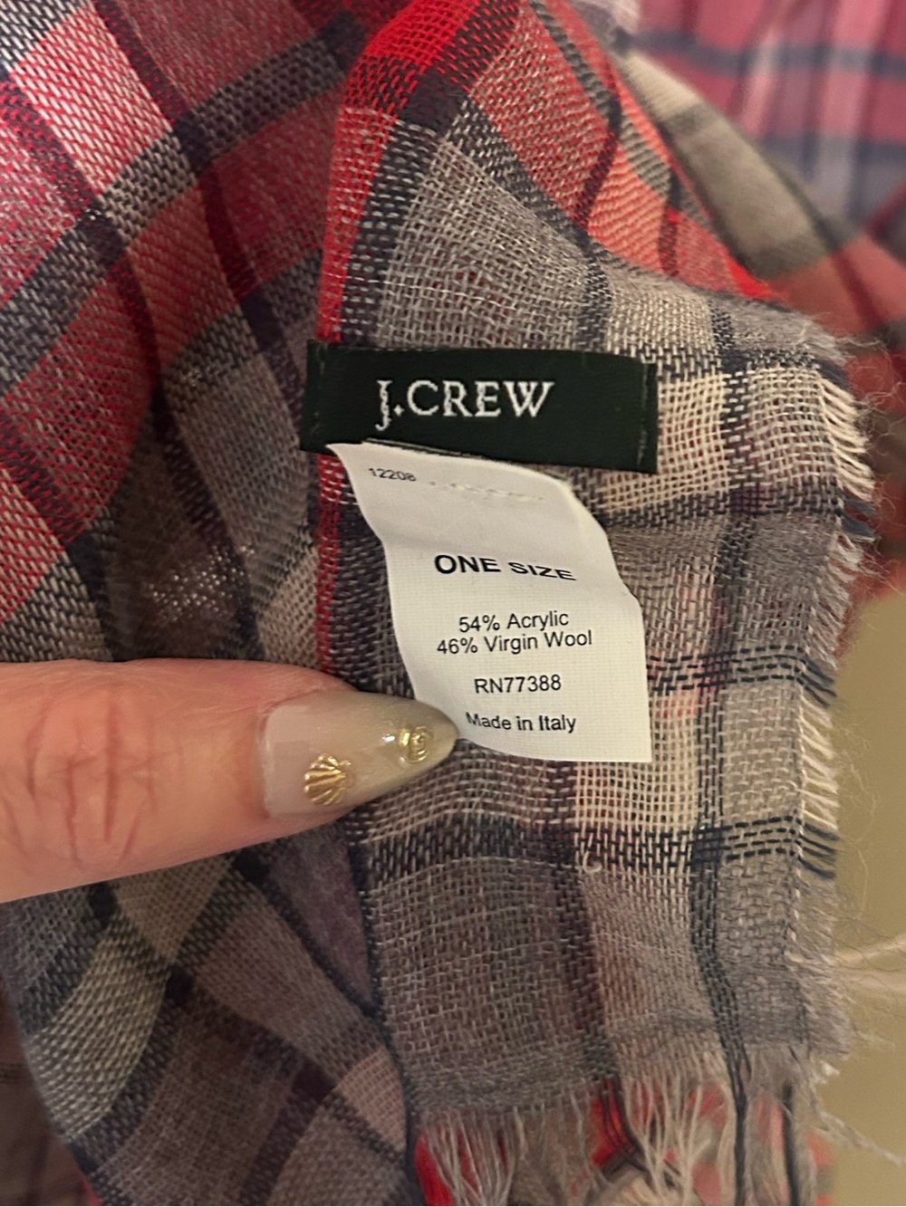 J. Crew Red and Gray Plaid Virgin Wool Blend Scarf Made in Italy One Size - Picture 2 of 2